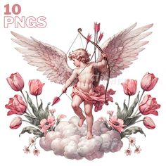 a cupid with an arrow and bow on top of clouds surrounded by pink flowers