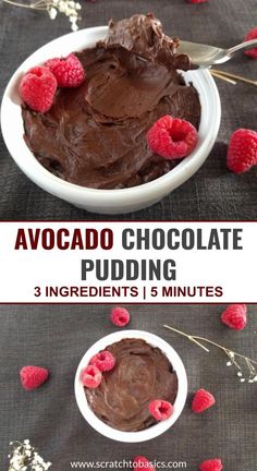 chocolate pudding in a bowl with raspberries on top and the words, avocado chocolate pudding 3 ingredients 1 5 minutes