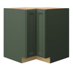 a green cabinet with two doors and one door open to reveal the kitchen's cupboards