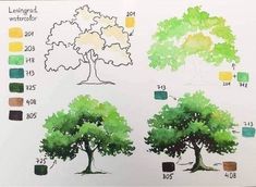 some trees are painted in different colors and sizes, with the same tree on each side