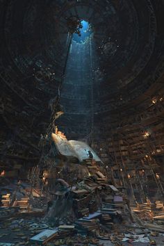 a large room filled with lots of books and piles of junk next to a giant metal object