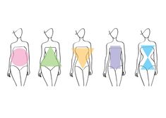 four different colored swimsuits are lined up in a row, with one woman's back facing the camera