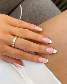 #nails #naildesign #frenchnails #manicure #manicureideas #frenchtipnails #frenchtipnaildesigns #rings #ringsjewelry White French On Almond Nails, Almond Biab Nails French, Bridesmaid French Nails, Nail Inspo French Tip White, Clean Girl French Nails, Aesthetic Clean Nails, Almond Acrylic Nails Classy, Biab Nails Inspiration Almond, French Nails Sns