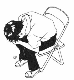 a drawing of a person sitting in a folding chair with their head on his hands