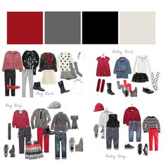 an assortment of clothes and accessories are shown in red, black, gray, and white