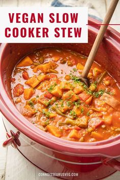 vegan slow cooker stew in a red crock pot