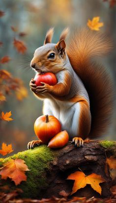 a squirrel holding an apple in its paws while sitting on a tree stump with autumn leaves surrounding it