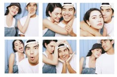 multiple pictures of a man and woman making funny faces while posing for the camera with their arms around each other