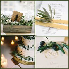 olives and greenery are used to decorate the wedding cake