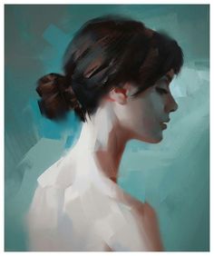 an abstract painting of a woman's profile with her hair in a pony tail