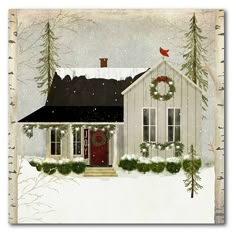 a painting of a white house with wreaths on it's front door and trees in the background