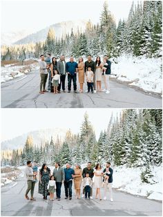 several people standing in the middle of a road with snow on the ground and pine trees behind them