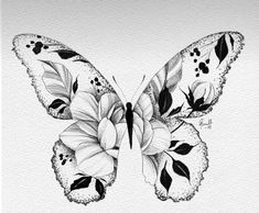 a black and white drawing of a butterfly with flowers on it's back wings