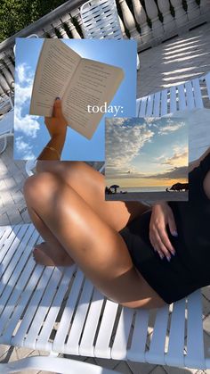 a woman laying on top of a white bench holding an open book next to her face