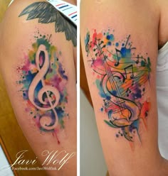 two different tattoos with music notes and trebles on their arms, one is watercolor