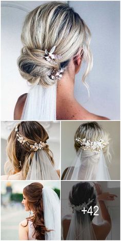 wedding hairstyles for long hair with veil and flowers in the back, from top to bottom