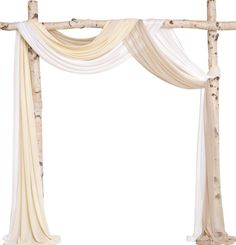 an arch made out of branches with white drapes on the top and bottom part