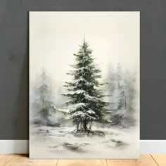 a watercolor painting of a pine tree in the snow on a white and grey background