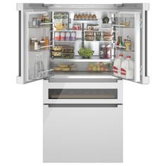 an open refrigerator with its door wide open and food in the bottom drawer, on a white background