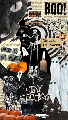 halloween collage with pumpkins, ghost and black cat in the background is an old book page