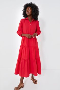 Featuring a full length, tiered skirt combined with puff sleeves in a bright vibrant red, the Hibiscus Mabel Dress is ready to quickly become a closet staple. With a collared neckline and half front placket, this effortless number evokes a sophisticated, relaxed feel. This no fuss maxi can be worn all day from school d Bright Clothing, Mommy Clothes, Tuckernuck Dress, Bright Palette, 2023 Wishlist, Hibiscus Red, Easy Silhouette, Red Holiday Dress, Place Dress