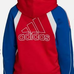 Adidas New S Sporty Color Block Hoodie Top, Sporty Hooded Color Block Sweatshirt, Casual Sports Hoodie With Contrast Color, Athleisure Hooded Color Block Hoodie, Hooded Color Block Sweatshirt For Athleisure, Adidas Red Sweatshirt For Sports, Adidas Red Sports Sweatshirt, Red Adidas Sweatshirt For Sports, Sporty University Red Hoodie Top