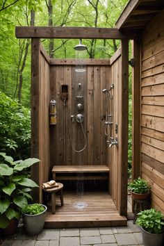 a wooden shower in the middle of a garden