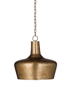 a brass colored pendant light hanging from a chain