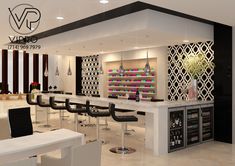 the interior of a nail salon with white counter tops and black chairs, along with an array of manicure products