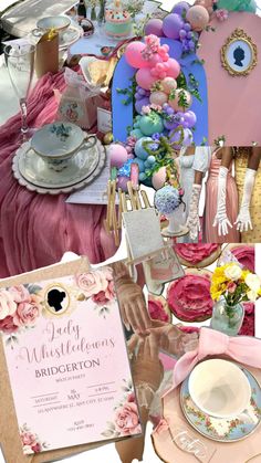 a collage of pink, blue and white items including teacups, plates, napkins