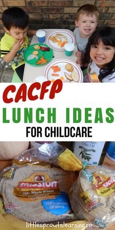 kids sitting at a table with lunch items and the words cacapo lunch ideas for children