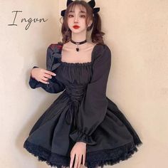 Ingvn - Womens New Trends White Lolita Dress Kawaii Vinatge Long Sleev Mini Dresses Black, Dress Kawaii, Black Long Sleeve Mini Dress, Goth Girl, Cottagecore Dress, Girly Dresses, Lace Patchwork, Crop Top Blouse, Lolita Dress