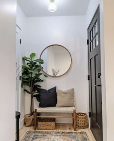 an entryway with a bench, mirror and potted plant on the floor in front of it