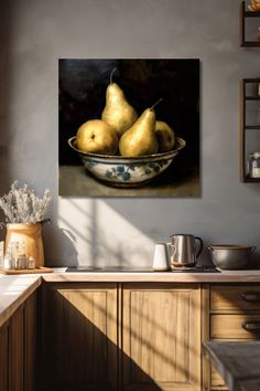 a painting of three pears in a bowl on a kitchen counter with sunlight coming through the window