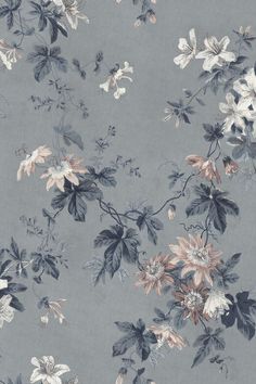 a blue floral wallpaper with white and pink flowers