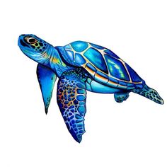 a drawing of a blue sea turtle on a white background with clippings to the side