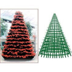 a large christmas tree with red and green decorations on it's sides, next to a