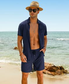 Experience the ultimate in vacation style with our Casual Men's Vacation Style Shirt & Shorts Set. Stay comfortable and stylish with this perfect pairing, ready for any destination. Leave a lasting impression with effortless style and convenience. Get yours now! PROFESSIONAL FABRIC: 70% Viscose, 30% Polyester, professional hawaiian beach suit fabric. soft, comfortable, breathable, for you all-day comfort and relaxing on your holiday. SIZE NECK CHEST WAIST SLEEVE S 14-14½″ 34-36″ 28-30″ 32-33″ M Navy Swim Trunks With Built-in Shorts For Vacation, Casual Swim Trunks For Travel During Beach Season, Casual Swim Trunks For Beach Party, Casual Bermuda Swimwear For Vacation, Bermuda Swim Trunks With Pockets For Vacation, Casual Swim Trunks For Summer Travel, Casual Blue Swimwear For Travel, Casual Swim Trunks For Travel In Summer, Casual Swimwear With Built-in Shorts For Travel