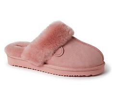 Surround your feet in the cloudlike comfort of these fluffy shearling slippers featuring lightweight EVA soles for street-ready wear. From Dearfoams. Shearling Slippers With Textured Footbed And Round Toe, Snug Super Soft Round Toe Slippers, Shearling Cushioned Slip-on Slippers, Cushioned Slip-on Faux Fur Slippers, Comfortable Faux Fur Slippers With Cushioned Footbed, Comfortable Fluffy Slippers For Spring, Fluffy Round Toe Slippers, Casual Shearling Slip-on Slippers, Winter Sheepskin Slip-on Slippers