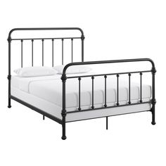 a black metal bed frame with white sheets and pillows on top of it, against a white background