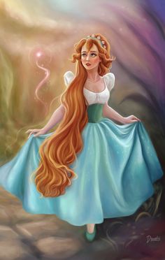 a painting of a girl with long red hair wearing a blue dress and tiara