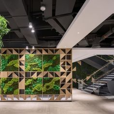 an office with green plants on the wall and stairs in the backround area