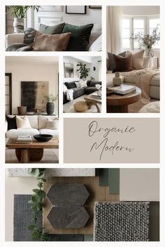 a collage of different living room furniture and decor items with the words organic modern