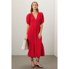 Red (100% Cotton). Casual dress. Short sleeves. V-neck. Front button closure. 47" from shoulder to hemline. Made in the USA.¬† Red Buttoned Midi Dress For Spring, Spring Red Midi Dress With Buttons, Red Summer Midi Dress For Work, Red Spring Dresses With Button Closure, Red Buttoned Midi Dress For Summer, Red Midi Dress For Summer Workwear, Chic Red Maxi Dress For Daywear, Red Buttoned Dress For Day Out, Red Buttoned Maxi Dress For Summer