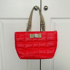 Never Used!! Beautiful Kate Spade Handbag!! Bag Is 14” Wide At The Top And 2” Deep Bag Is 9” High And Strap Is About 8” From Top Of The Bag To Peak 2 Open Interior Pockets And 1 Zippered Interior Pocket Beautiful Vibrant Coral Color With Nude Leather Straps And Gold Chain Accents Never Worn! In Perfect Condition! Smoke Free Pet Free Home Kate Spade Red Rectangular Shoulder Bag, Kate Spade Rectangular Shoulder Bag With Zipper Closure, Kate Spade Rectangular Shoulder Bag With Zipper, Kate Spade Red Satchel Bag, Kate Spade Red Bags For Daily Use, Kate Spade Satchel With Zipper Closure, Kate Spade Shoulder Bag With Zipper For Shopping, Kate Spade Satchel Shoulder Bag With Zipper Closure, Kate Spade Satchel Shoulder Bag With Zipper