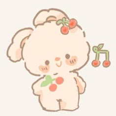 a white teddy bear with cherries on it's head holding a piece of fruit