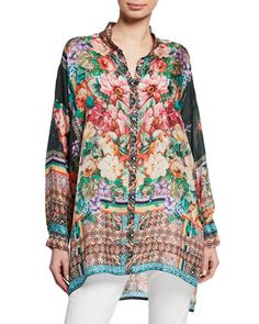 Plus Size Bethia Mixed-Print Button-Front Long-Sleeve Silk Georgette Top by Johnny Was at Neiman Marcus Wedding Dress Detachable Skirt, Collar Fashion, Georgette Tops, Ramy Brook, Plus Size Designers, Womens Cashmere, Capped Sleeve Dress, Wedding Dress Long Sleeve, Mixing Prints