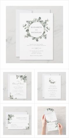 the wedding stationery is shown with greenery on it