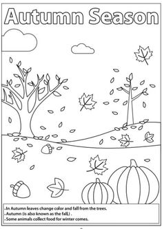 an autumn coloring page with leaves and trees