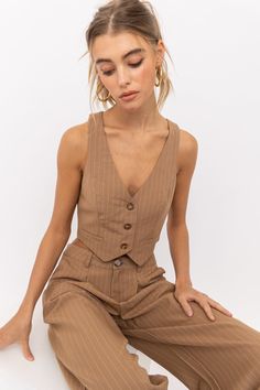 PENNY PINSTRIPE VEST - Soho Social Pin Stripe Vest, Pinstripe Vest, Stripe Vest, Tan Vest, Corporate Chic, Striped Vests, Chic Vibes, Corsets And Bustiers, Pin Stripe